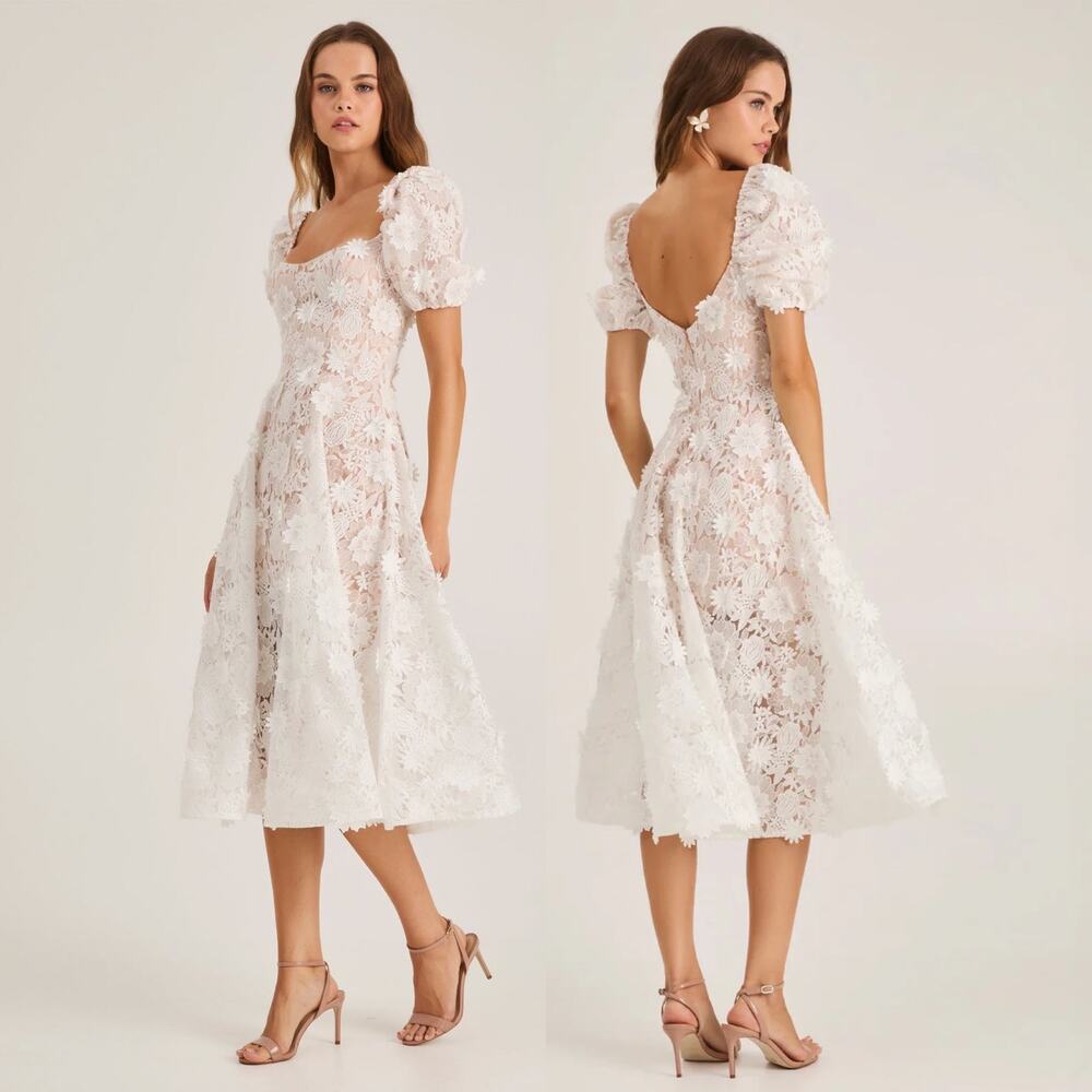 NWT Helsi Anthropologie Mallory 3D Floral Lace Bridal Puff Sleeve Midi Dress Sm